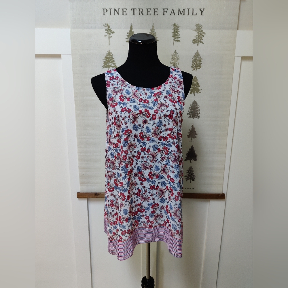Max Edition Floral Sleeveless Tunic Top XL White Red Blue Border Hem Tank